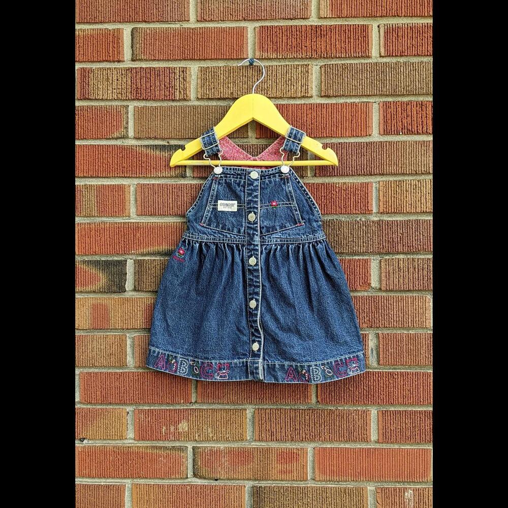 18M Vintage OshKosh Blue Denim Overall Dress, Floral Lining, Y2K Early 2000s